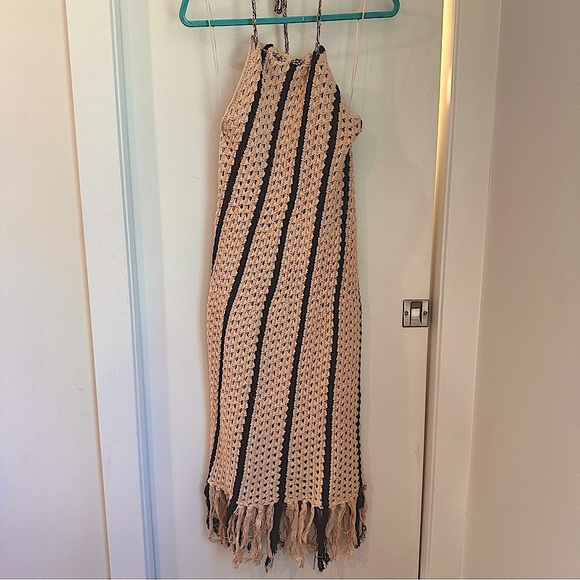 Moon River Cream and Brown Halter Sheath Midi Dress - Picture 2 of 11